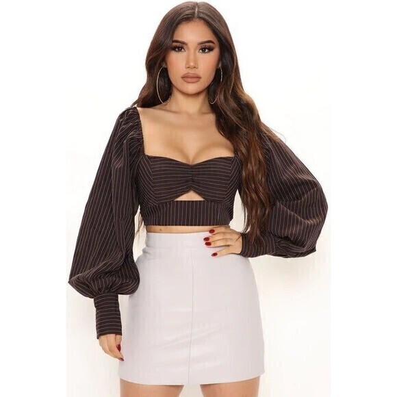 Chic Pinstripe Balloon Sleeve Smocked Back Brown Top Size Large RefM004 - Picture 3 of 11